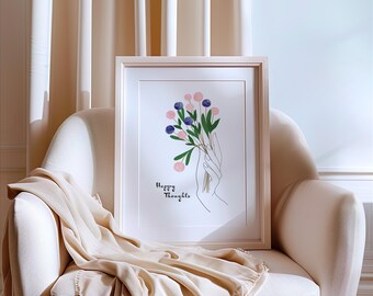 Arte lineal de pensamientos felices imprimible / Póster descargable digitalmente / Arte mural minimalista / Póster con cita positiva I Arte digital I Arte minimalista