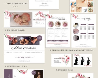 Conjunto de plantillas de marketing para Photoshop, plantillas digitales, plantillas de cake smash, plantilla de mini sesión, lista de precios