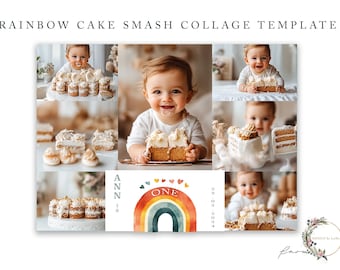 Plantilla de collage de pastel aplastado / Collage de fotos de primer cumpleaños / Plantilla de Photoshop / Descargas digitales / Para niñas y niños