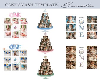 PAQUETE Plantilla de collage de fotos digital para smash cake, primer año, plantilla de Photoshop, niño y niña - 6 en total ***GRAN OFERTA***