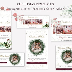 以下が含まれることがあります： 白い背景と金色のテキストでクリスマスミニセッションのInstagramとFacebookのテンプレート。テンプレートには、星と子供の画像が中央にあるリースが描かれています。テキストには「クリスマスミニ」と「予約受付中」と書いてあります。