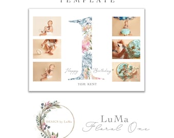 Plantilla digital para cake smash, plantilla floral, plantilla para photoshop, plantilla digital, plantilla de collage para el primer cumpleaños