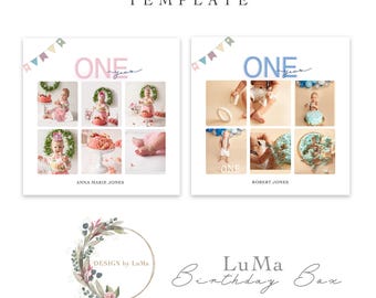 Plantilla para aplastar una torta: caja para el primer cumpleaños de un niño y una niña. Plantilla para Photoshop, plantilla digital, plantilla para collage digital