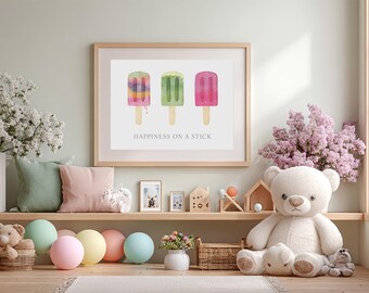 Póster digital "Felicidad en un palito" / Arte mural de paletas de hielo / Imprimible de verano colorido / Descarga instantánea / Decoración divertida para la habitación o la cocina de los niños