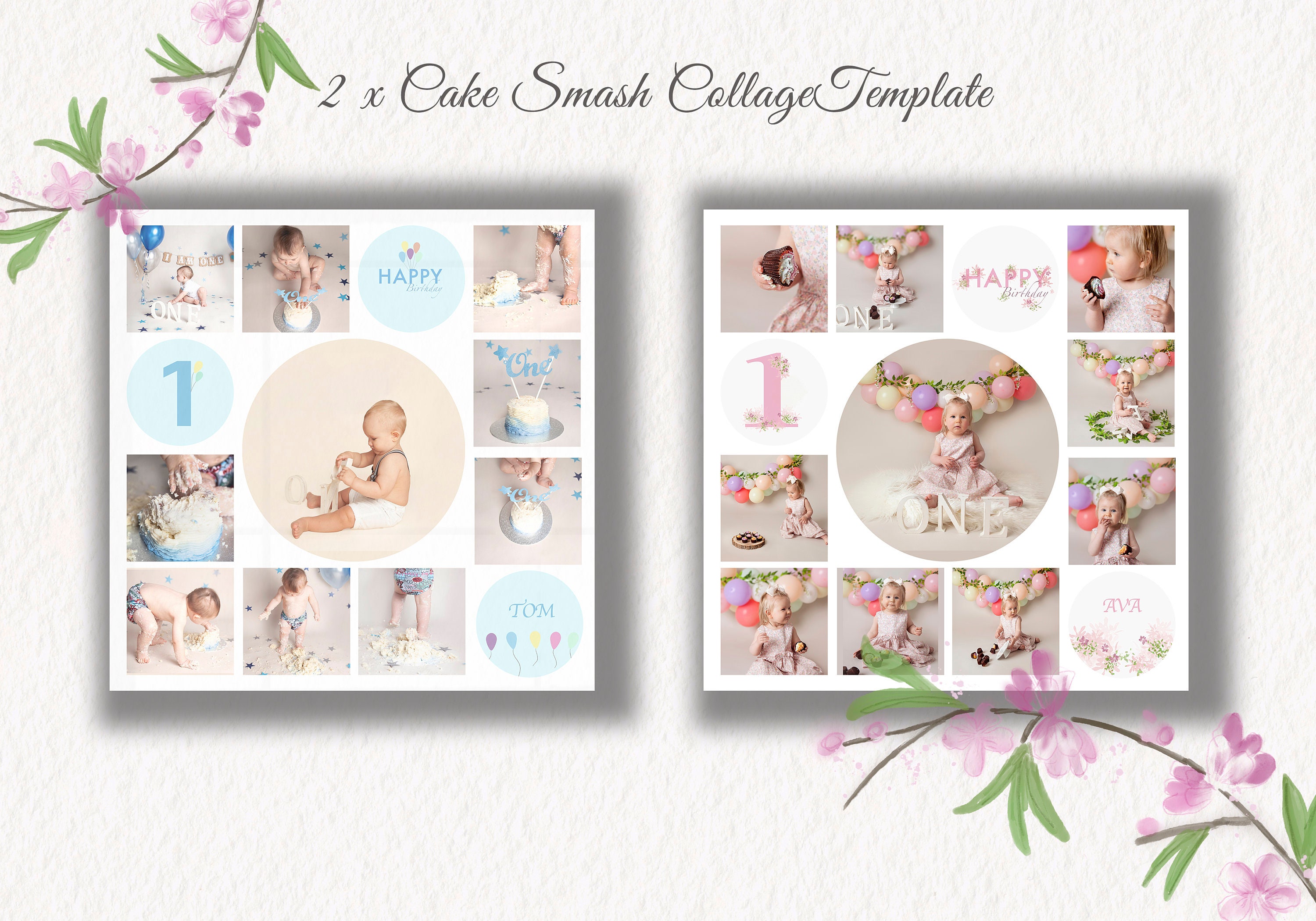 Cake Smash Collage Template for Boys and Girls, 2 Included, Birthday
