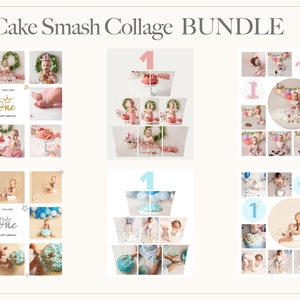 PACOTE Digital Cake Smash Photo Collage Template, Primeiro Ano, Photoshop Template, Menino e Menina - 6 no total ***ÓTIMA OFERTA***