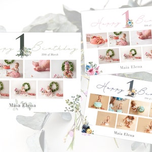 Digital Floral Cake Smash Collage PHOTOSHOP template, First birthday collage template