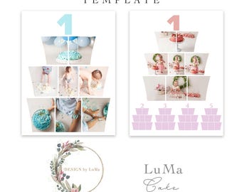 Plantilla de collage digital para aplastar una tarta, plantilla de collage para el primer cumpleaños, plantilla de Photoshop