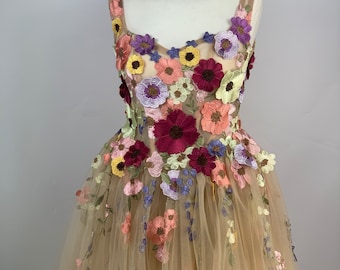 Tulle corset dress, colorful 3D flowers, hand-decorated, wedding cocktail dress, romantic stage dress for a photo session, XS-2XL