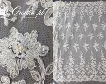 White fabric, lace off white richly decorated, sequins, beads, wedding lace, floral pattern 3d, fabric lace for dress