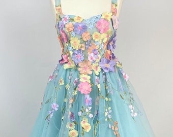 Tulle corset dress, pastel 3D flowers, hand-decorated, wedding guest cocktail dress, romantic stage dress for a photo session, size XS-2XL