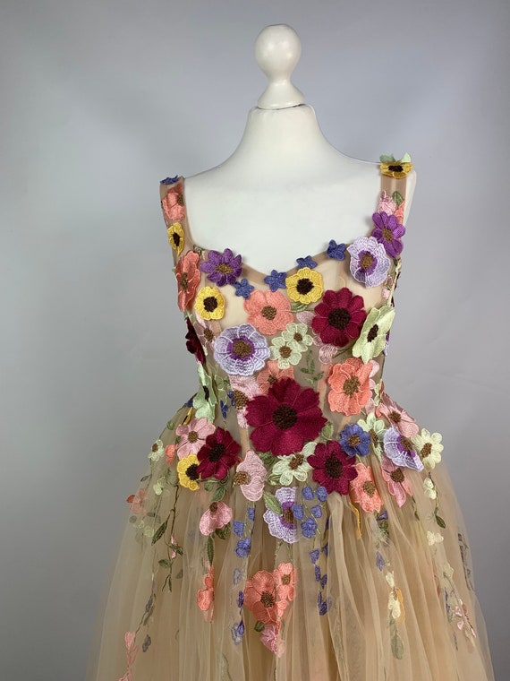 Tulle Corset Dress, Colorful 3D Flowers, Hand-decorated Tulle Corset Dress, Colorful 3D Flowers, Hand-decorated