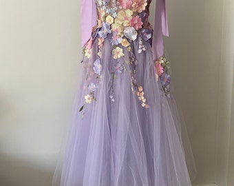 Lavender, purple flowers dress with bows, bridesmaids dress, unique fairy dress, pastel prom dress, guest's dress, party night, size XS-5XL