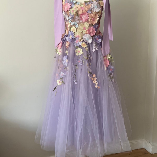 Lavender flowers dress,purple dress with bows,bridesmaids dress,unique fairy dress, pastel prom dress,guest's dress,party night,size XS-5XL