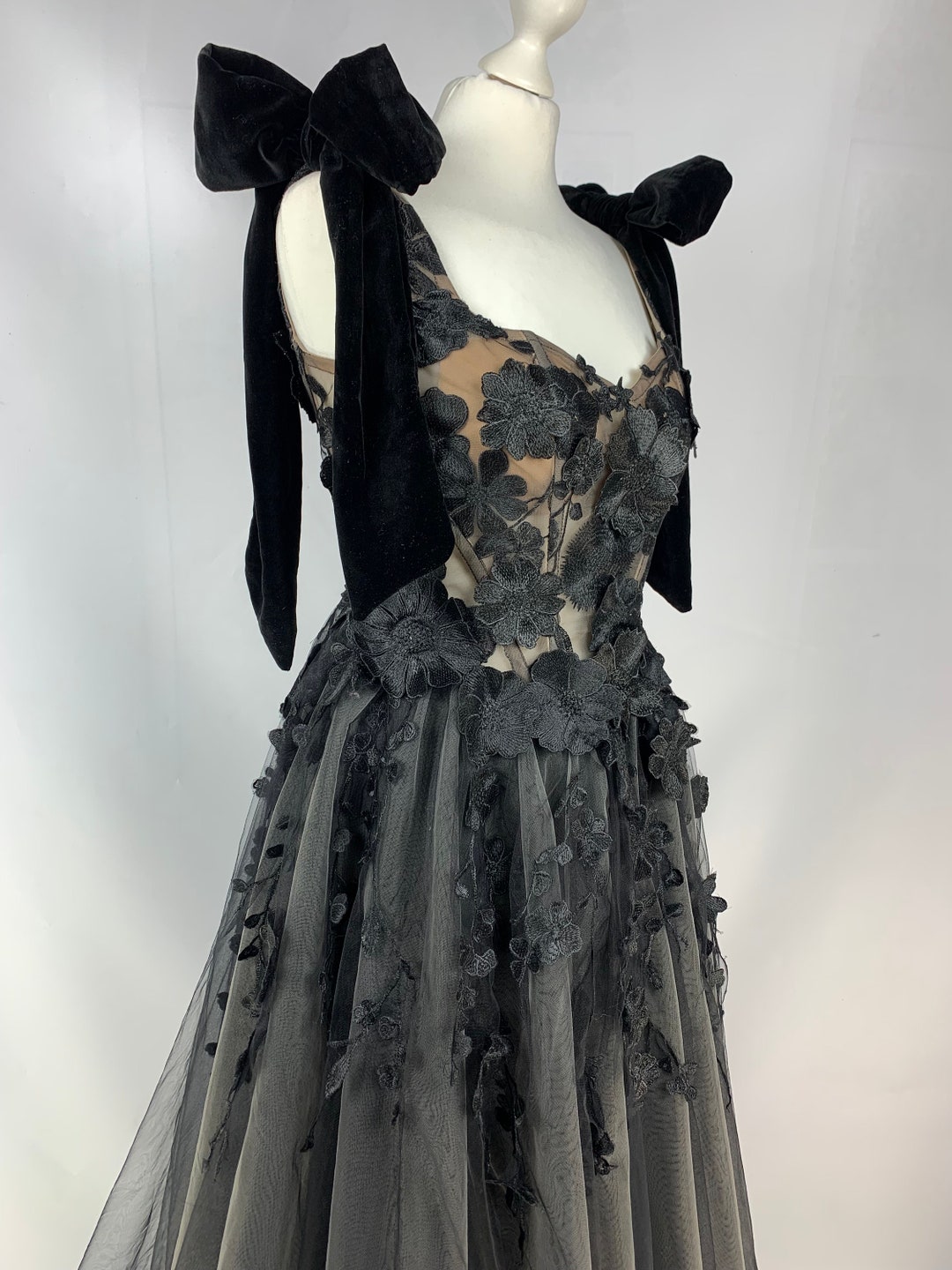 Blush Tulle Off Shoulder Corset Dress, Black Tulle Corset Gown