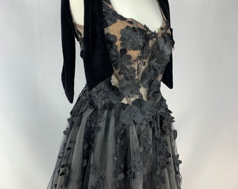 Black tulle corset dress, black 3D flowers, hand-decorated, wedding cocktail dress, romantic stage dress for a photo session, XS-2XL