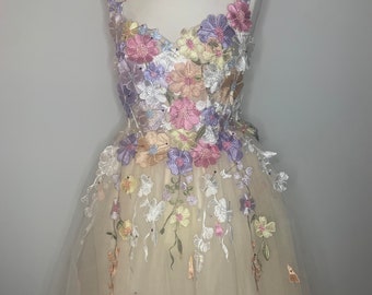 Tulle corset dress, colorful 3D flowers, hand-decorated, wedding cocktail dress, romantic stage dress for a photo session, XS-2XL