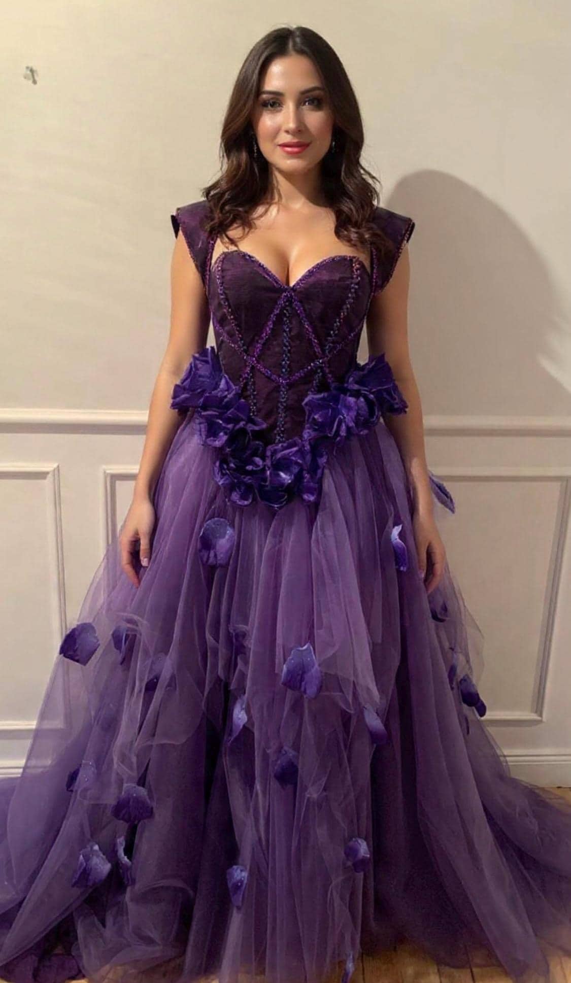 purple choker dress Corset purple dress with choker harnes, decorated with crystals and fabric  flowers, tulle skirt with train, size s/m, alternative wedding