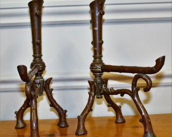 Arts and Crafts 1880s antique copper fire dogs vintage decor industrial metal guard aesthetic Victorian