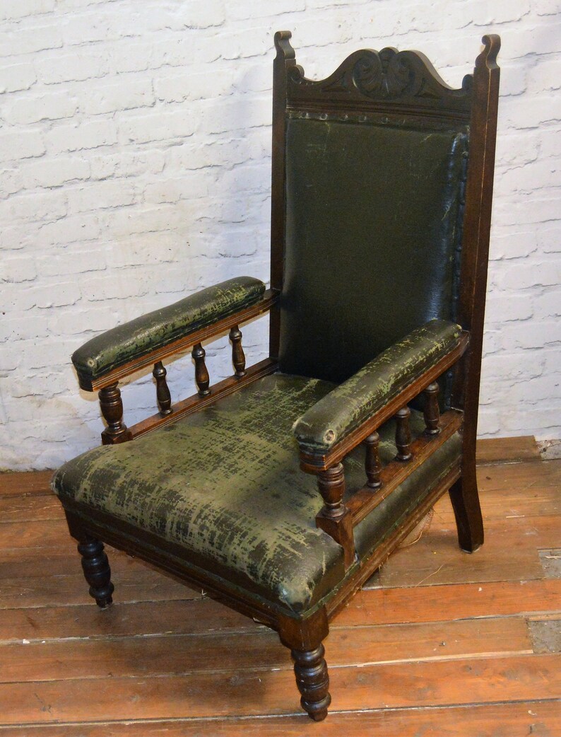 Edwardian Leather Desk Armchair Wooden Vintage Industrial Mancave Decor Chair Antique Gothic