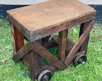 Industrial wooden antique table kitchen island coffee table factory vintage rustic farmhouse mill side trolley drinks wheels cart