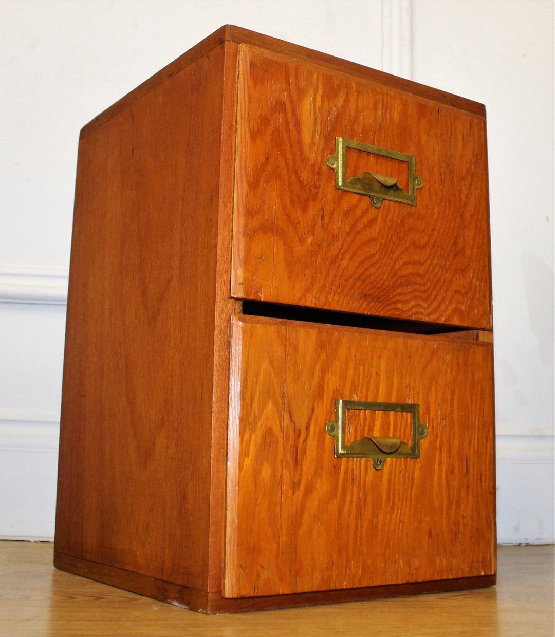 1950s Wooden Two Drawer Card Index Holder Industrial Antique