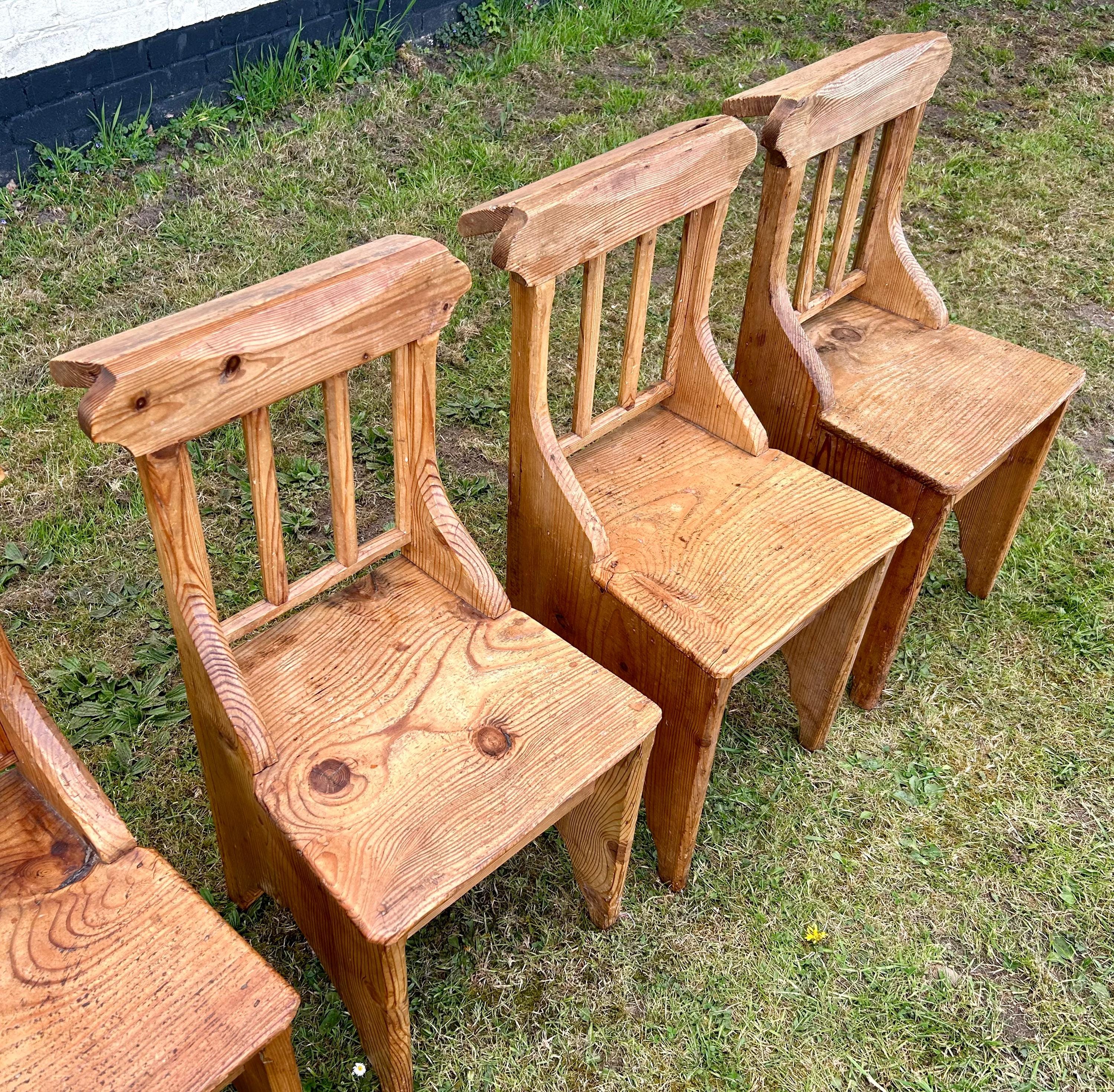 Set of Six Victorian Pine Gothic Antique Chapel Church Chairs