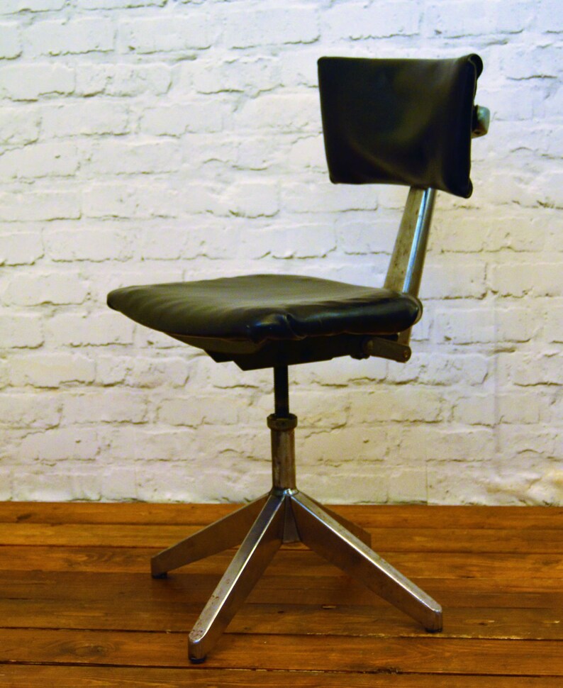 Industrial Leabank Swivel Office Chair Leather Metal Vintage Retro Antique Machinist
