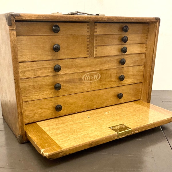 Moore and Wright Wooden eight drawers engineers tool cabinet industrial antique vintage haberdashery storage chest of cupboard