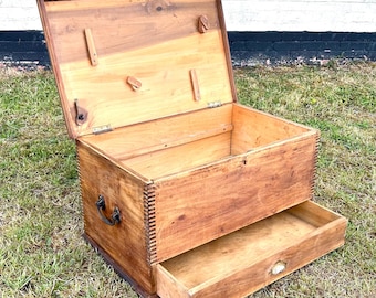 Antique Mahogany carpenters cabinet box wooden tool chest industrial vintage trunk tradesman haberdashery coffee table