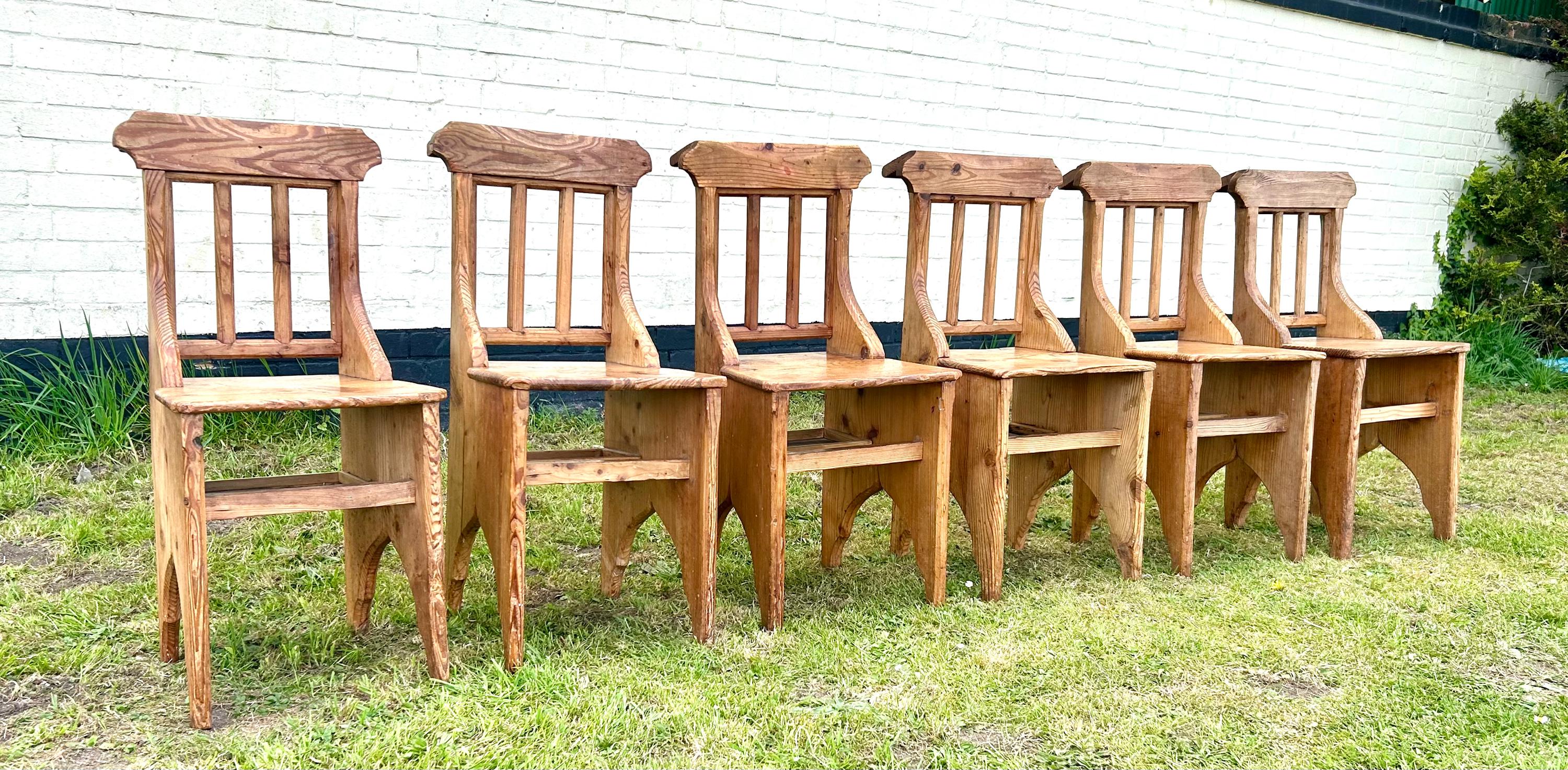 Set of Six Victorian Pine Gothic Antique Chapel Church Chairs 
