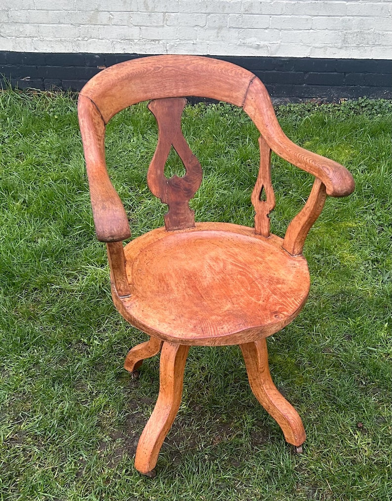 Victorian oak captains swivel chair wooden desk office antique vintage industrial seating kitchen retro armchair image 2