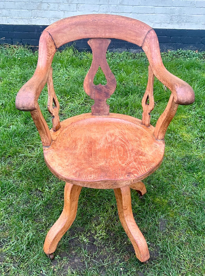 Victorian oak captains swivel chair wooden desk office antique vintage industrial seating kitchen retro armchair image 3