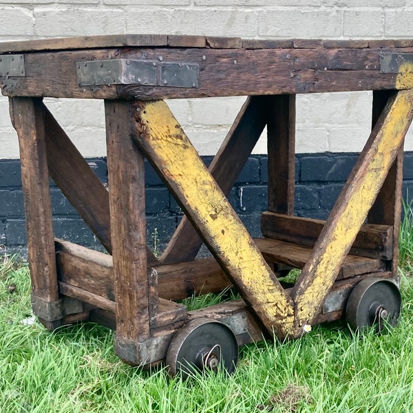 Industrial pitch pine antique table kitchen island coffee table factory vintage rustic farmhouse mill side trolley drinks wheels