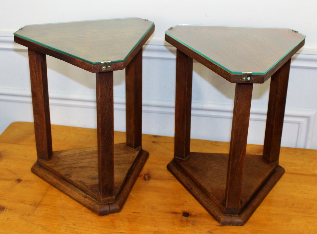 Pair of Art Deco Oak Antique Side Table Vintage Wooden Glass Hall Desk