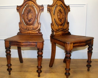 Pair of Victorian Oak Hall Side Chairs Wooden Vintage Antique Industrial Seating country Mancave dining