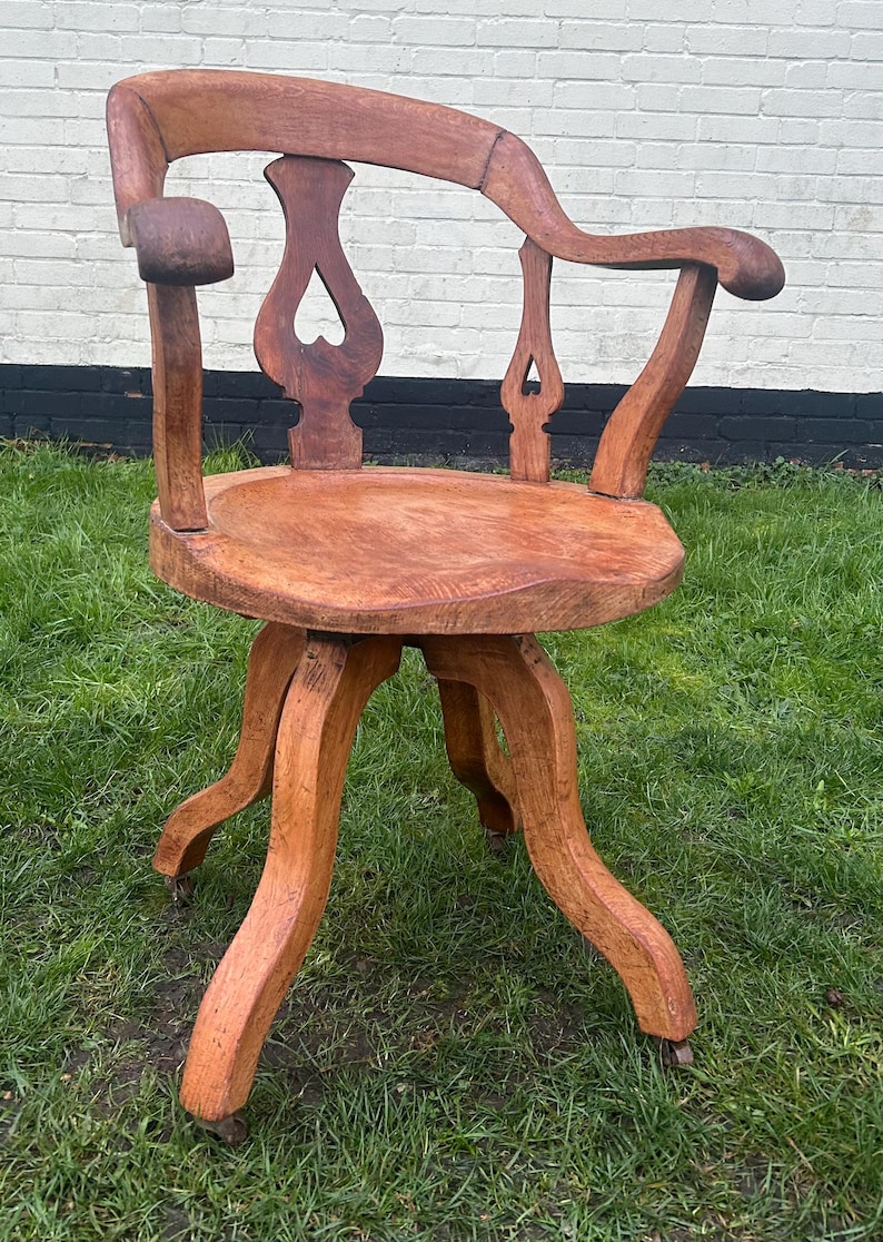 Victorian oak captains swivel chair wooden desk office antique vintage industrial seating kitchen retro armchair image 1