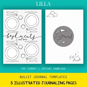 May include: Five black and white illustrated bullet journal templates. The first page features a plate setting with the text "best meals I have eaten". The second page features a circle with the text "dream journal" inside. The third page features a cloud with a sun. The fourth page features a planet with stars. The fifth page features a planet with stars.