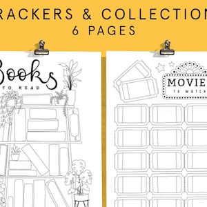 Könnte beinhalten: Ein druckbarer Satz von 6 Seiten mit Trackern und Sammlungen. Die erste Seite zeigt ein Bücherregal mit dem Text "Bücher zum Lesen" und die zweite Seite zeigt ein Kinokarten-Design mit dem Text "Filme zum Anschauen".