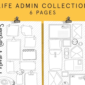 Könnte beinhalten: Schwarz-weiße druckbare Planerseiten mit Abschnitten für Telefonnummern und Adressen. Die Seiten sind mit einem gestreiften Hintergrund gestaltet und enthalten verschiedene Formen und Kästchen zum Schreiben von Informationen. Der Titel "LIFE ADMIN COLLECTION 6 PAGES" befindet sich oben auf der Seite.