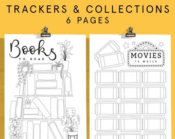 May include: A printable set of 6 pages of trackers and collections. The first page features a bookshelf with the text "Books to Read" and the second page features a movie ticket design with the text "Movies to Watch".