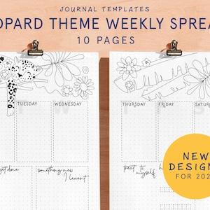 WEEKLY CALENDAR SPREADS | Leopard Theme | Printable Bullet Style Journal Template Pages | 2026 Junk Journal Bu jo Starter Kit Planner Insert