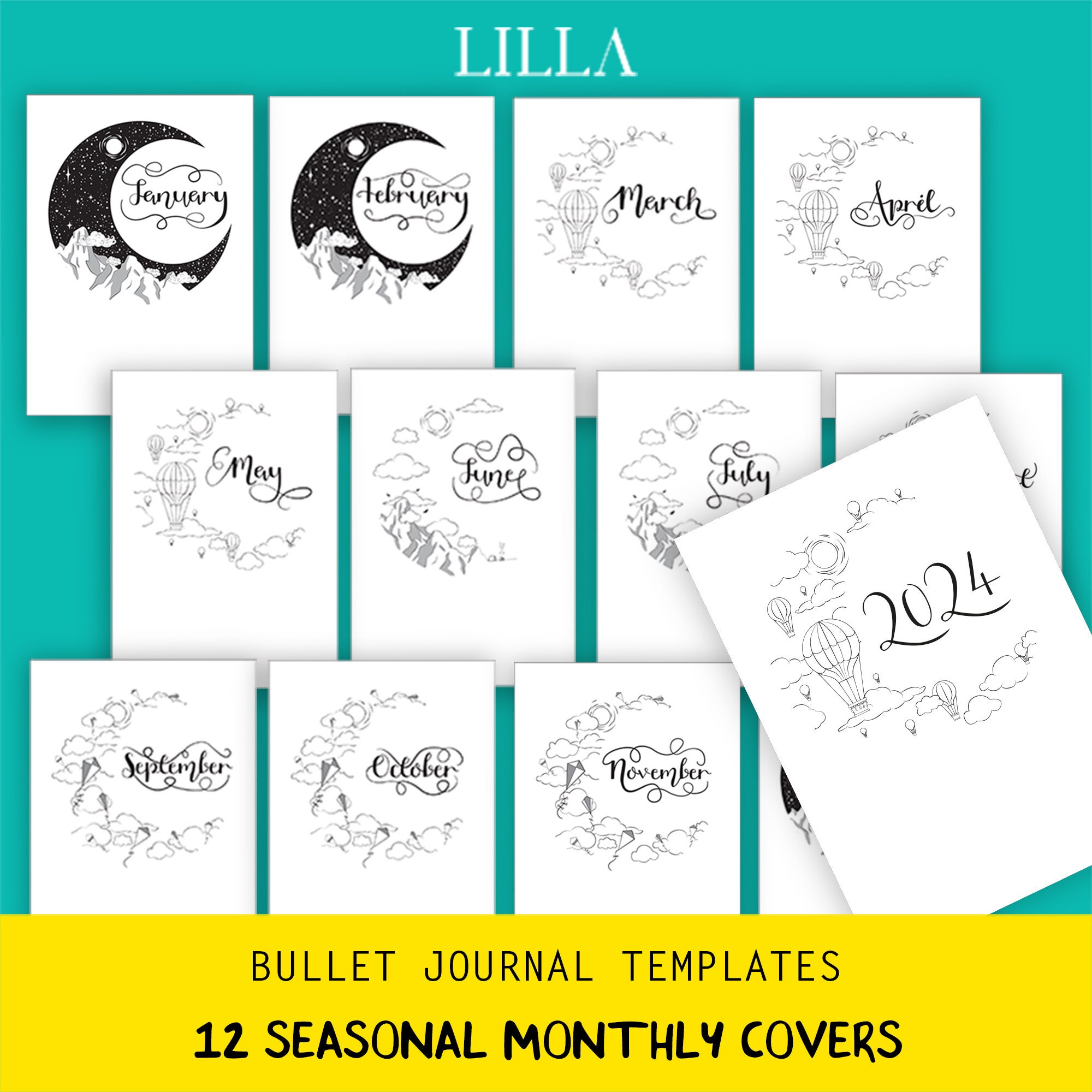 Monthly drawing prompts for Bullet Journaling - free printable
