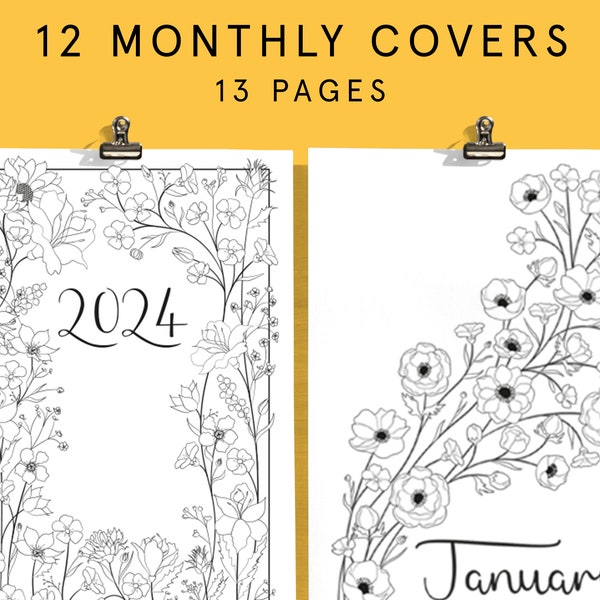 FLORAL MONTHLY COVERS | Bullet Style Journal Templates | 2024 | Printable Flower Theme Starter Kit | Planner Insert | Bu jo Refill Pages