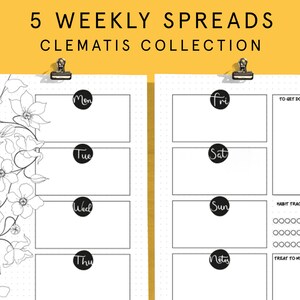 May include: Five weekly planner spreads with a black and white floral illustration of clematis flowers. Each spread includes a section for each day of the week, a to-do list, a habit tracker, and a notes section.