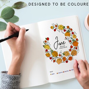 K&ouml;nnte beinhalten: Eine leere Seite in einem Tagebuch mit einem floralen Kranz um das Wort "Juni" und den Text "Stimmungs-Tracker". Die Seite enth&auml;lt auch eine Legende mit vier farbigen Kreisen, die mit "Gl&uuml;cklich", "Kreativ", "Neutral" und "M&uuml;de" beschriftet sind.