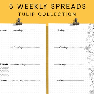 May include: A printable weekly planner with a tulip floral design. The planner includes sections for "To Get Done", "Habit Tracker", "Treat to Myself", and "Notes".