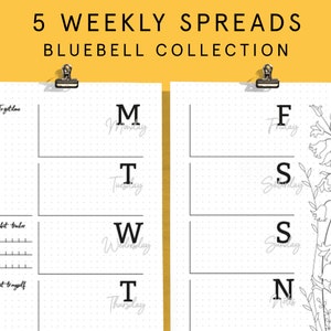 Puede incluir: Una página doble de un planificador semanal de la colección Bluebell. La página izquierda incluye secciones para objetivos, seguimiento de hábitos y cuidado personal. La página derecha es para la planificación diaria. El texto dice "5 WEEKLY SPREADS".