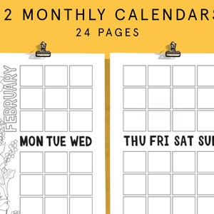 Op de afbeelding: Een printbare kalender sjabloon met een bloemenontwerp. De kalender is voor februari en heeft ruimte voor elke dag van de maand. De kalender is verdeeld in twee secties, een voor maandag, dinsdag en woensdag, en de andere voor donderdag, vrijdag, zaterdag en zondag.