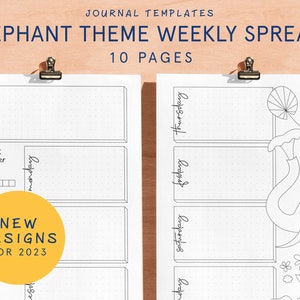 WEEKLY CALENDAR SPREADS | Elephant Theme | Printable Bullet Style Journal Template Page | 2025 Junk Journal Bu jo Starter Kit Planner Refill